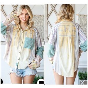 Oli & Hali Washed Mixed Plaid Pocket Long Sleeve Shirt Striped Boho Oversized L